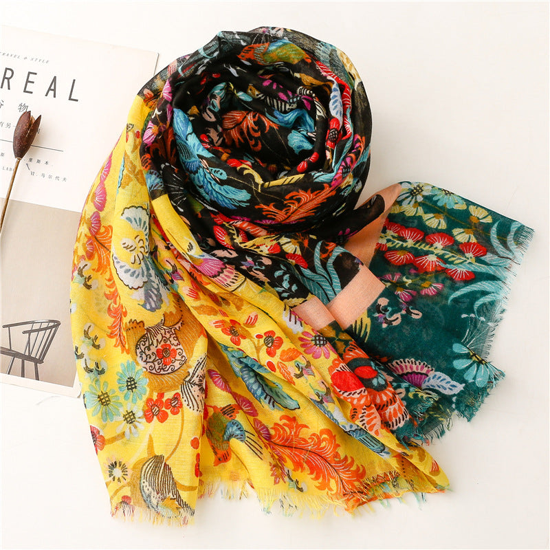 Black yellow floral prints fringed scarf