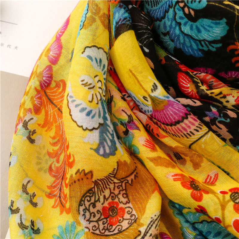 Black yellow floral prints fringed scarf