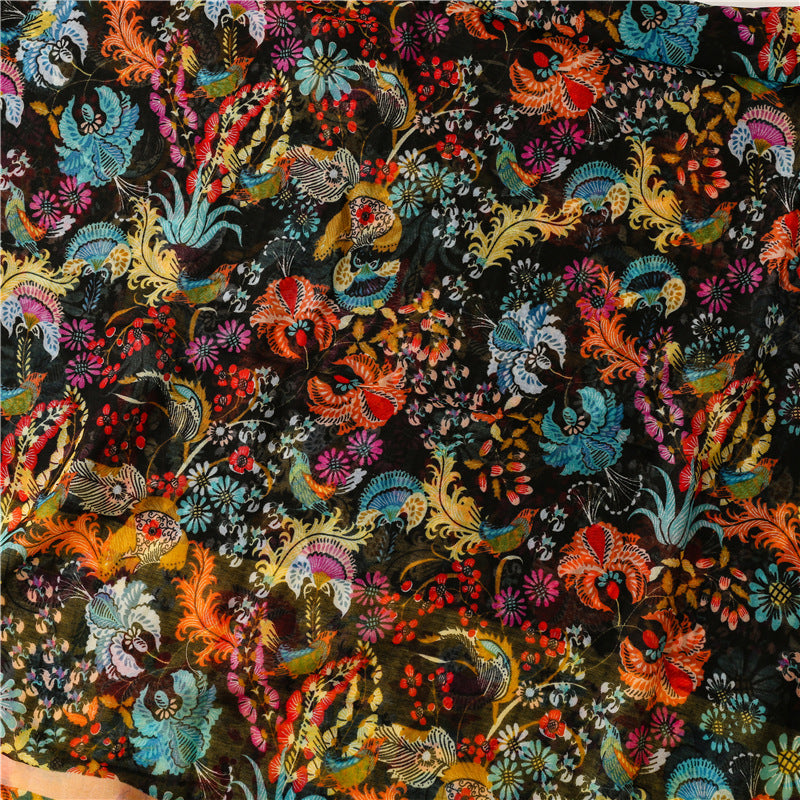 Black yellow floral prints fringed scarf