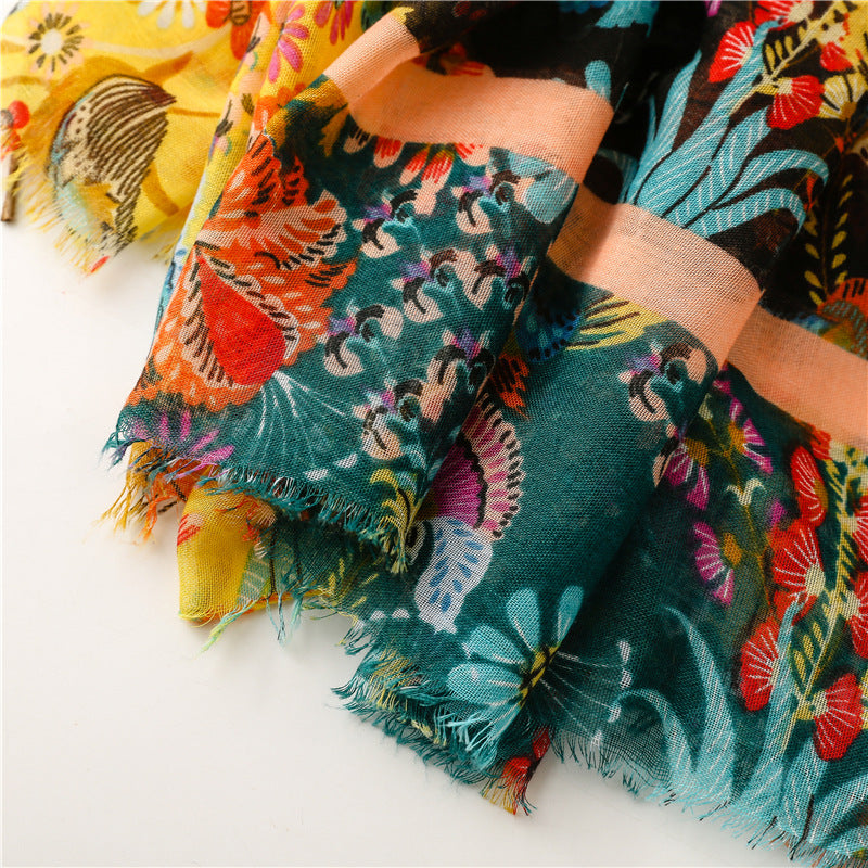 Black yellow floral prints fringed scarf