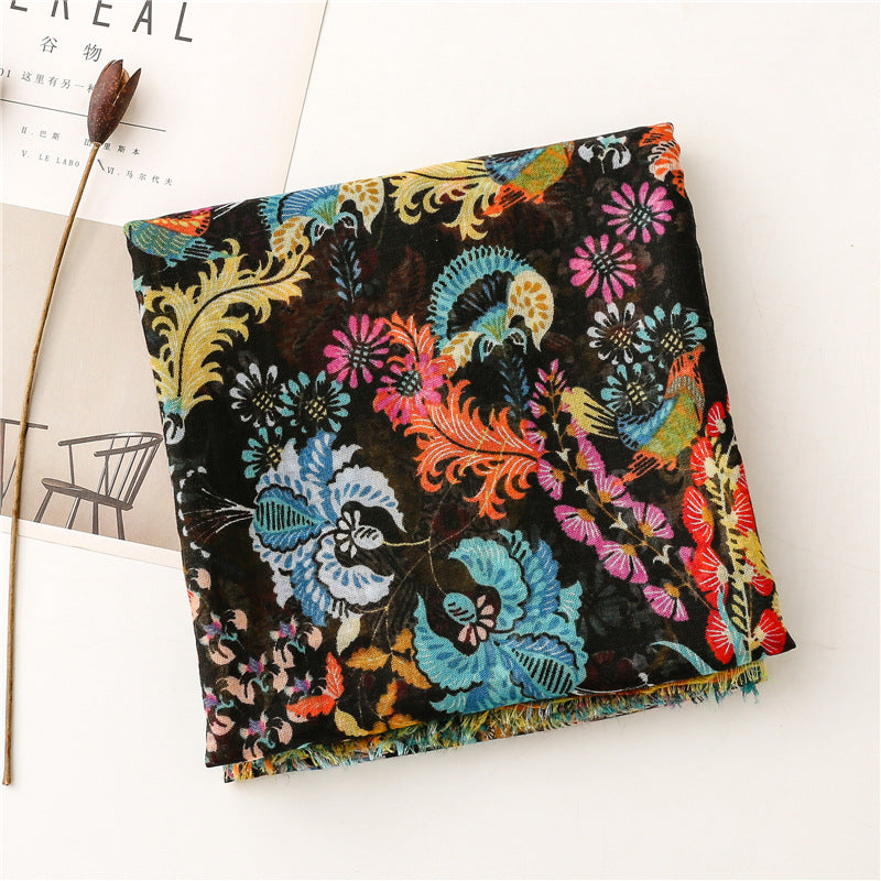Black yellow floral prints fringed scarf