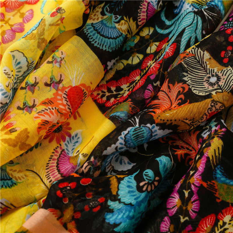 Black yellow floral prints fringed scarf