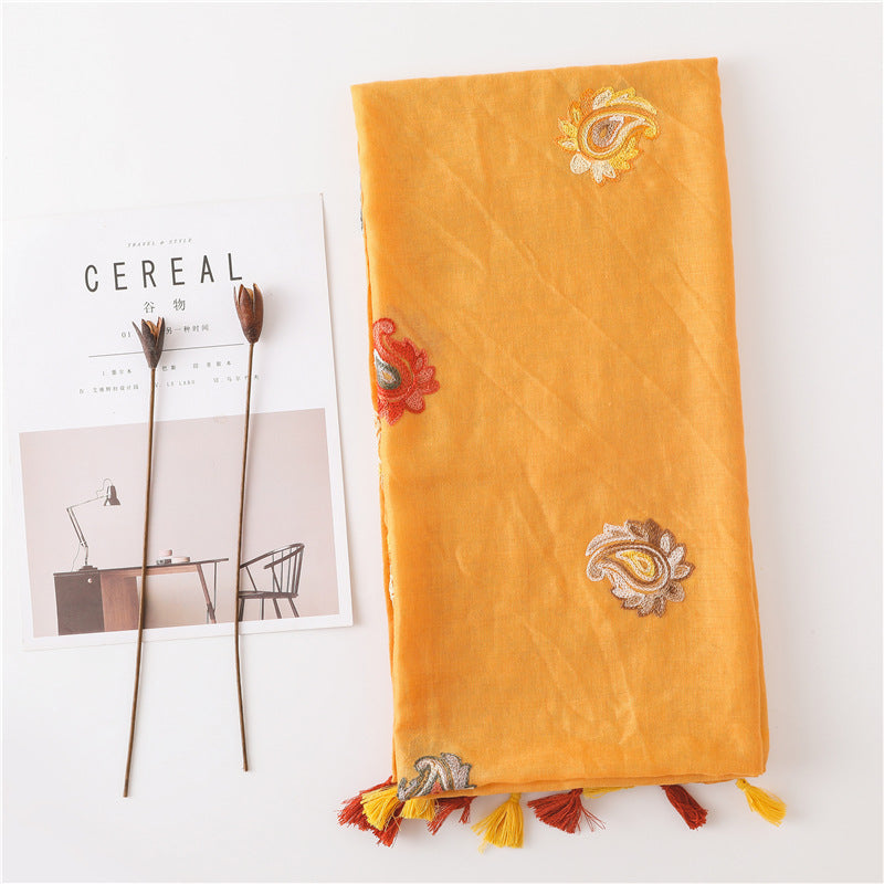 Embroidered paisley floral yellow orange scarf with tassels
