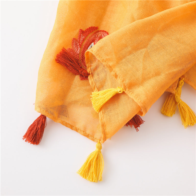 Embroidered paisley floral yellow orange scarf with tassels