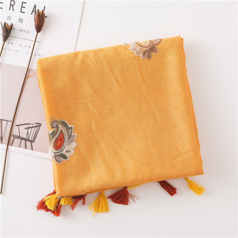 Embroidered paisley floral yellow orange scarf with tassels