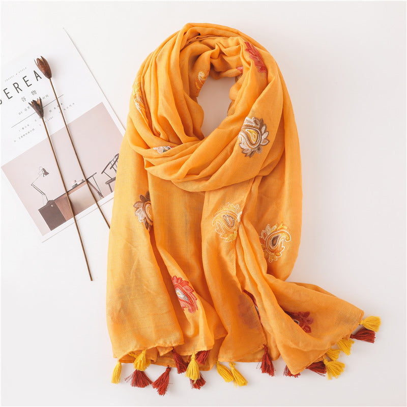 Embroidered paisley floral yellow orange scarf with tassels