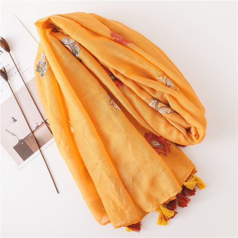 Embroidered paisley floral yellow orange scarf with tassels