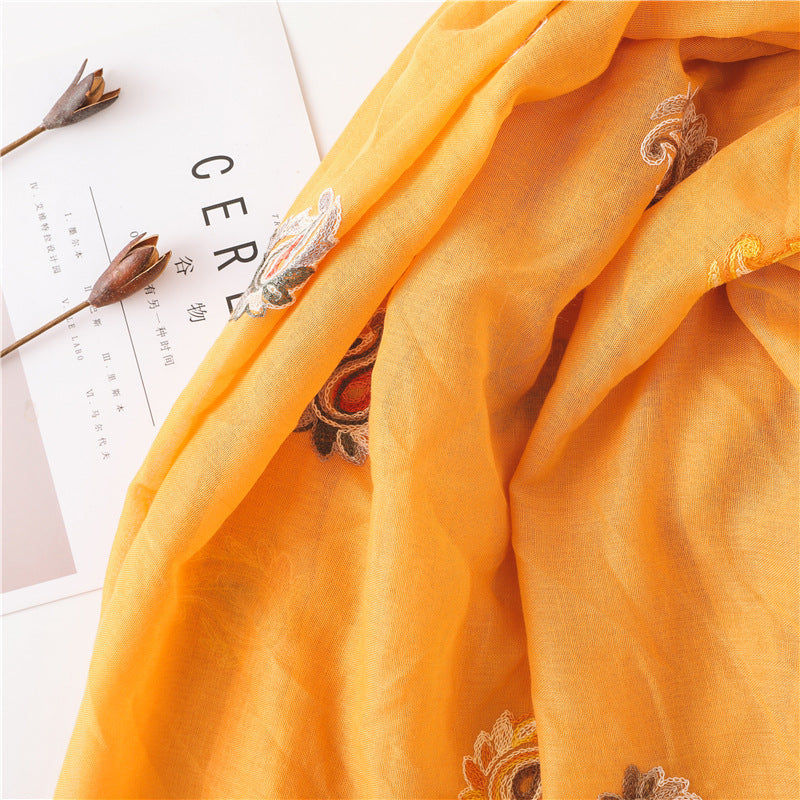 Embroidered paisley floral yellow orange scarf with tassels