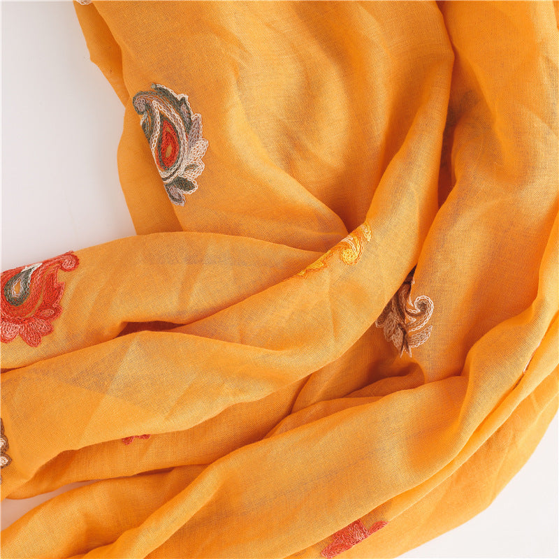 Embroidered paisley floral yellow orange scarf with tassels