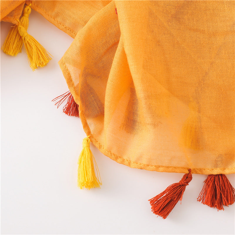 Embroidered paisley floral yellow orange scarf with tassels
