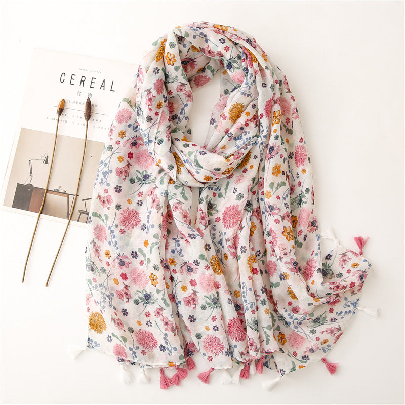 White pink little flowers prints scarf with tassels