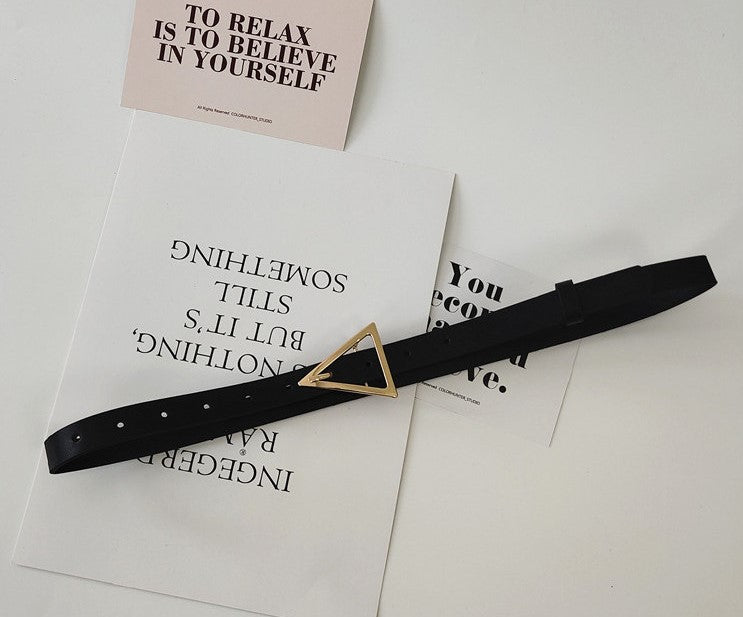 Black leather belt with golden triangle buckle