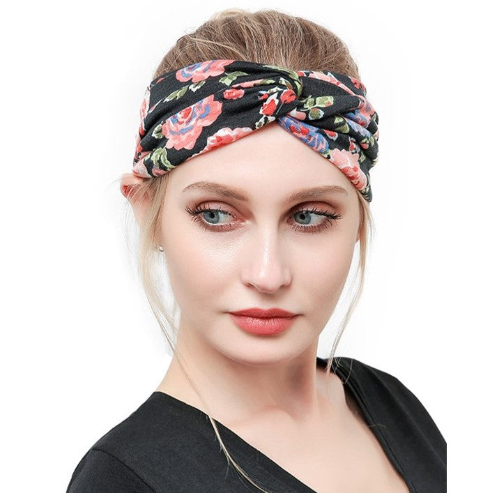 Pink flowers printed black turban headband