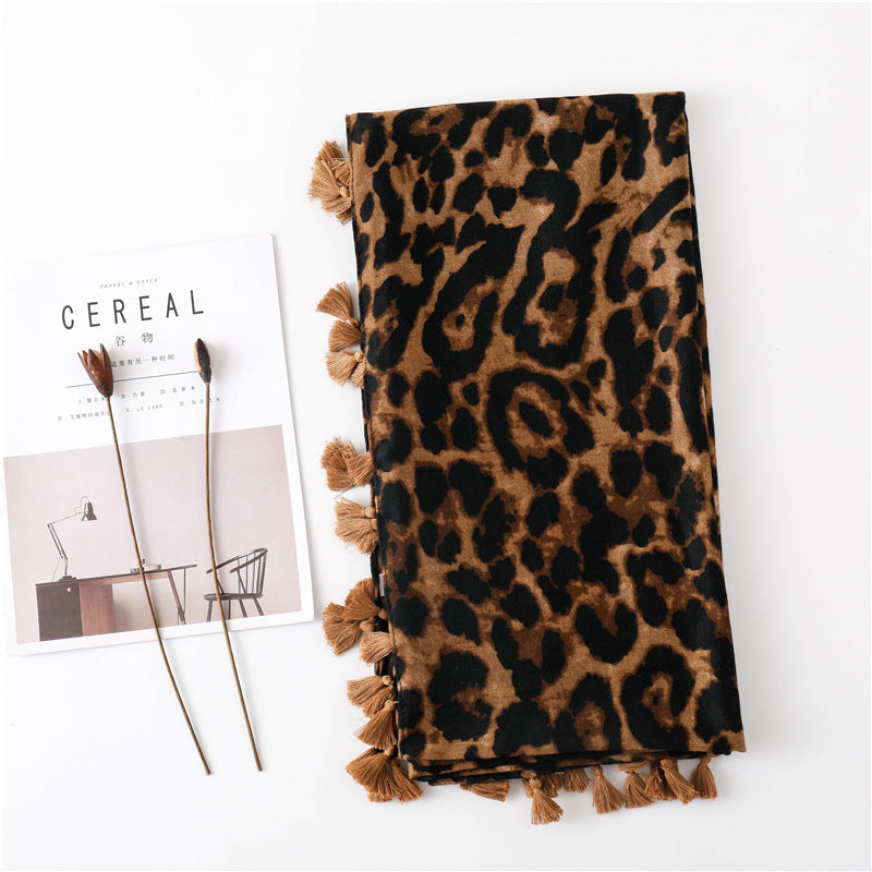 Large leopard print scarf with tassels