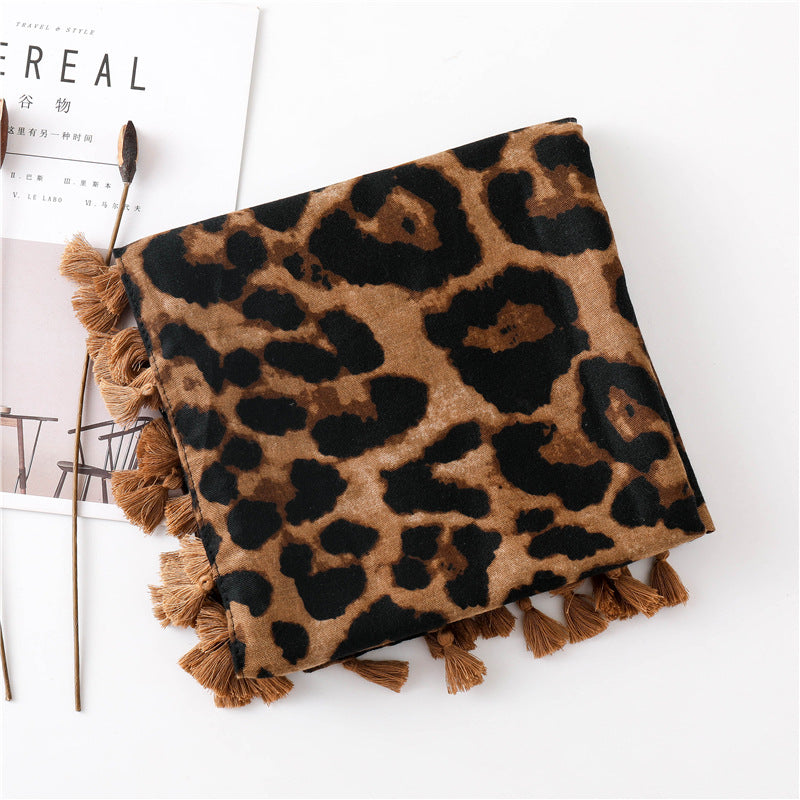Large leopard print scarf with tassels