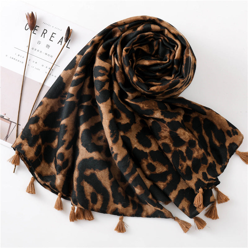 Large leopard print scarf with tassels