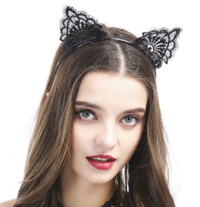Floral black lace cat ears headband
