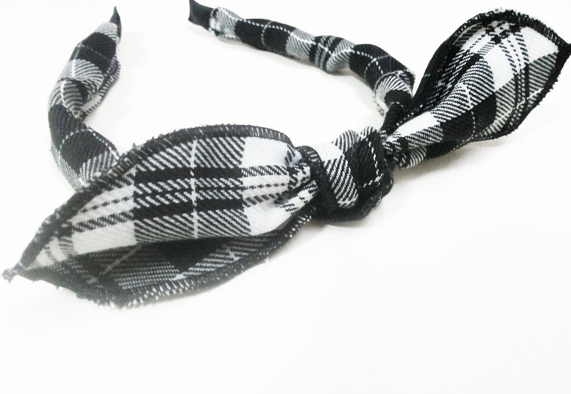 Black White shepherd's plaids patterned headband with bow