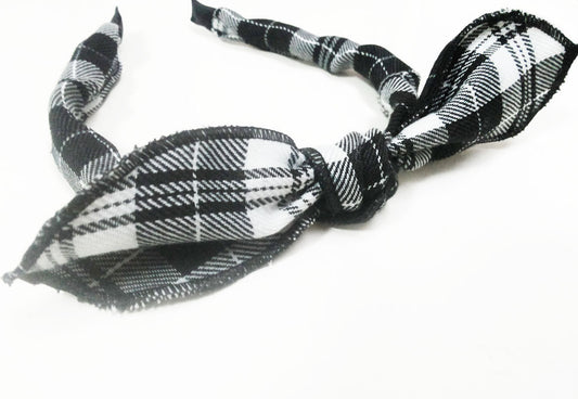 Black White shepherd's plaids patterned headband with bow