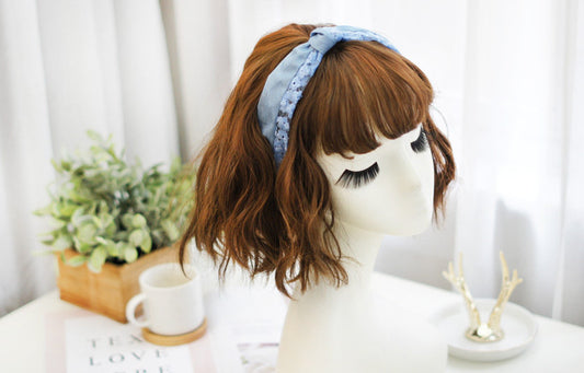Denim blue embroidered flowers knotted headband
