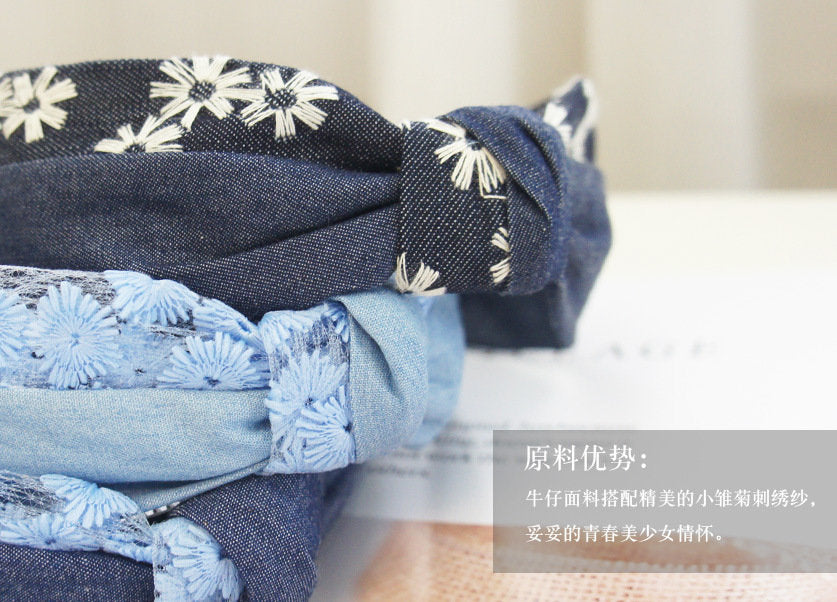Denim blue embroidered flowers knotted headband