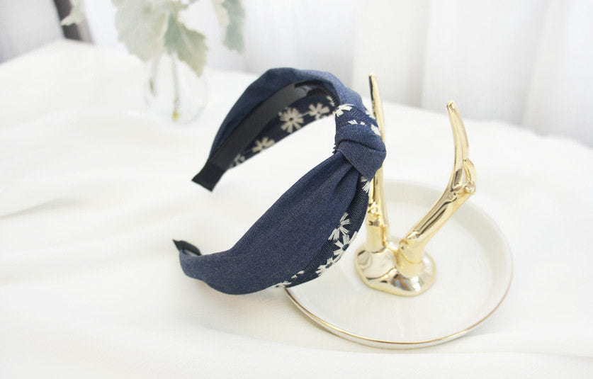 Denim blue embroidered flowers knotted headband