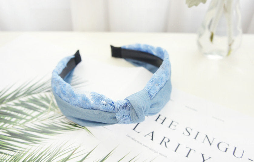 Denim blue embroidered flowers knotted headband