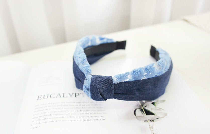 Denim blue embroidered flowers knotted headband