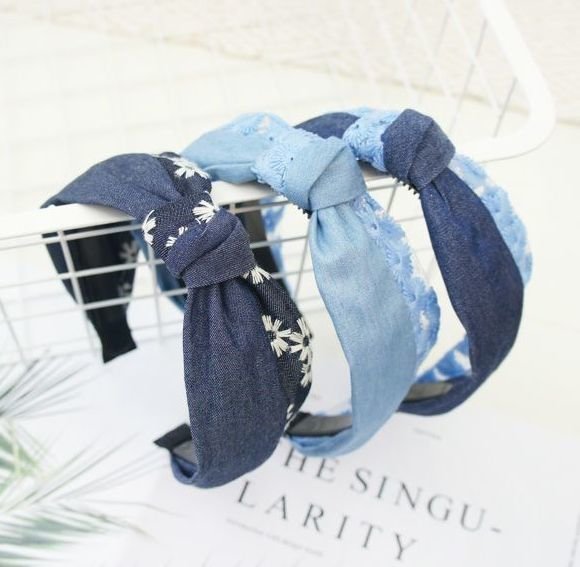 Denim blue embroidered flowers knotted headband