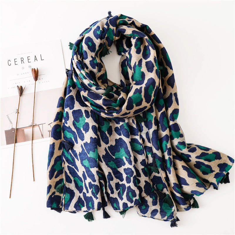 Large leopard print scarf with tassels