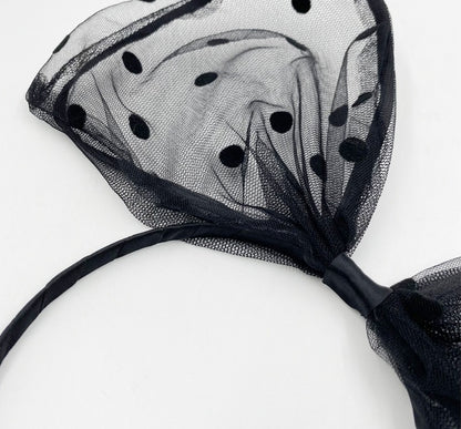 Polka dotted black lace large bow headband