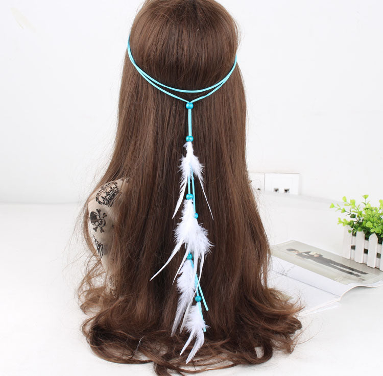 Turquoise beads white feather hair tie
