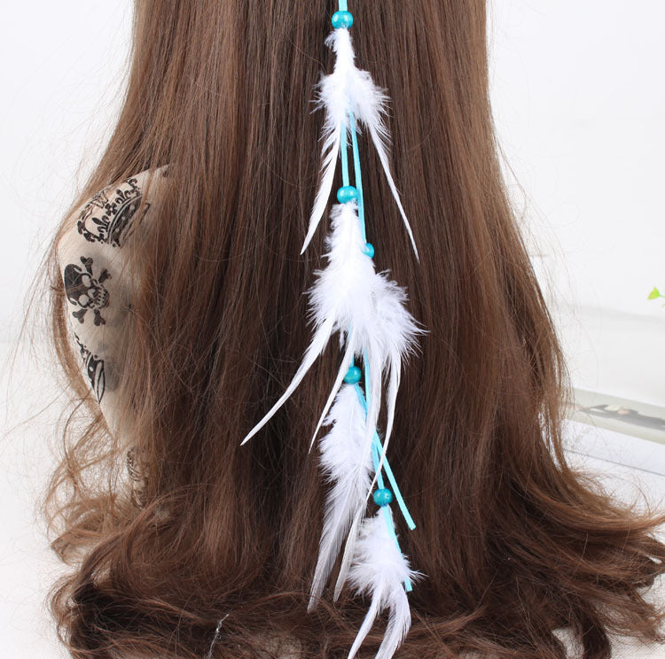 Turquoise beads white feather hair tie