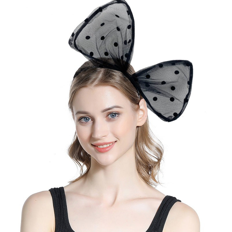Polka dotted black lace large bow headband