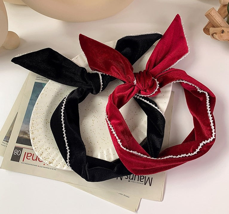White beads edged velvet twist hair scarf