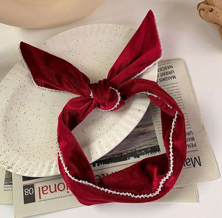 White beads edged velvet twist hair scarf