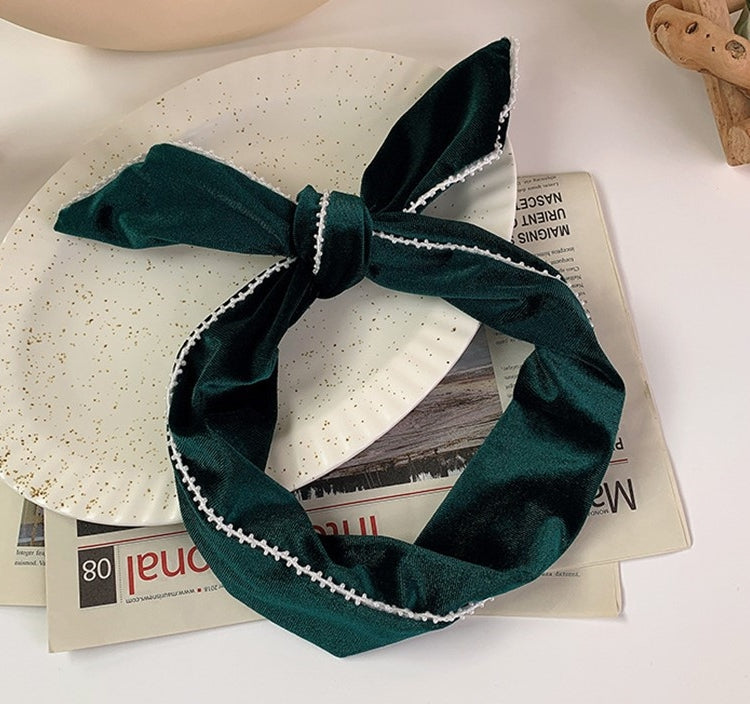 White beads edged velvet twist hair scarf