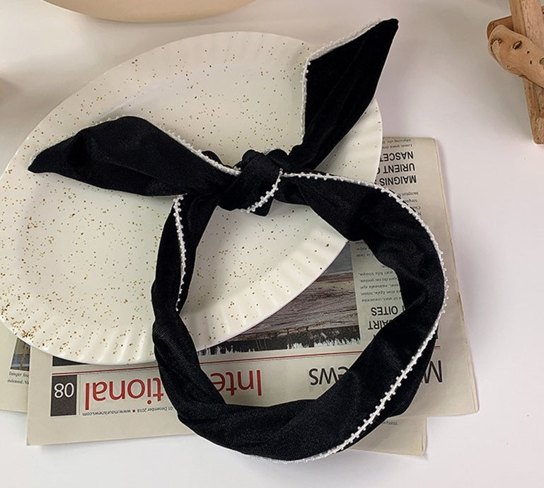 White beads edged velvet twist hair scarf