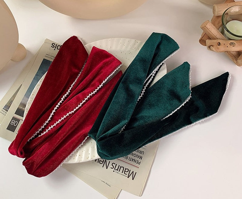 White beads edged velvet twist hair scarf