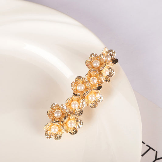White pearl gold flowers hair barrette