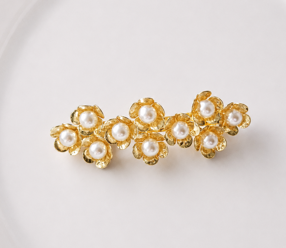 White pearl gold flowers hair barrette