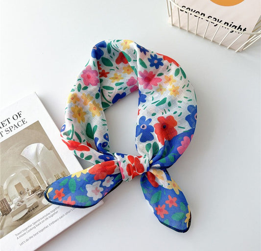 Blue red flowers print square scarf