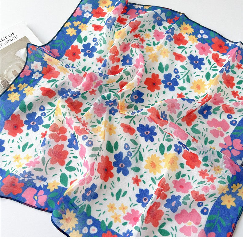 Blue red flowers print square scarf