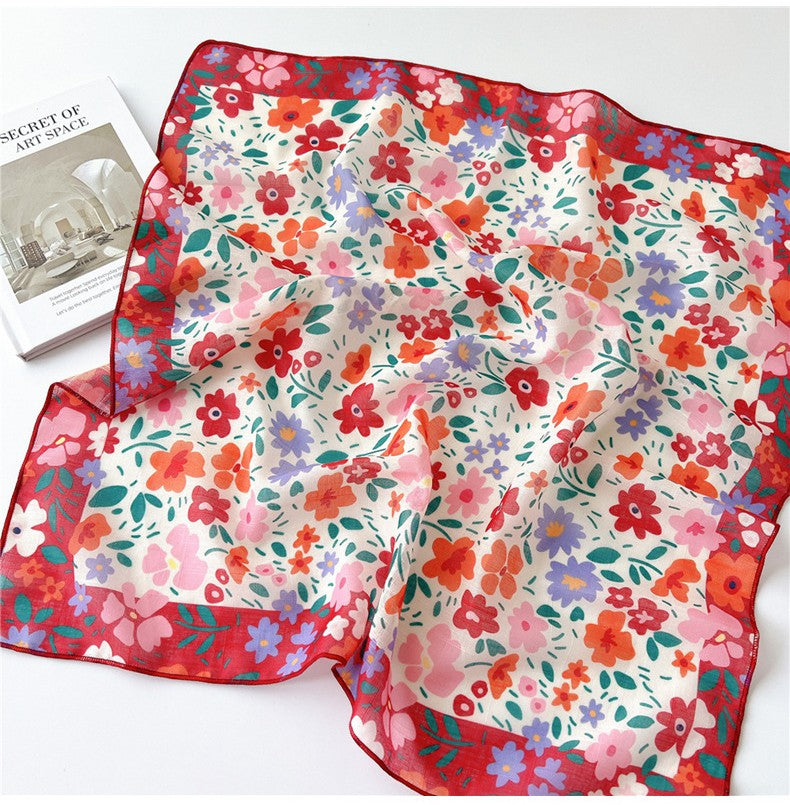 Blue red flowers print square scarf