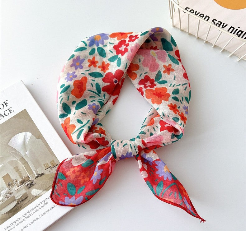 Blue red flowers print square scarf