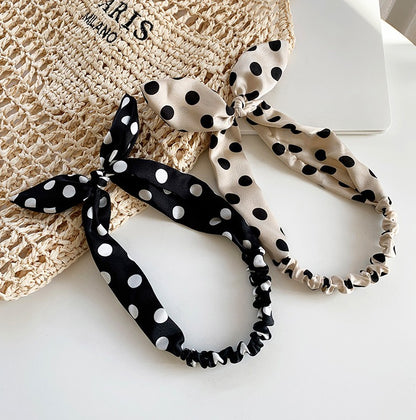 Polka dots satin elastic headband with wired bow