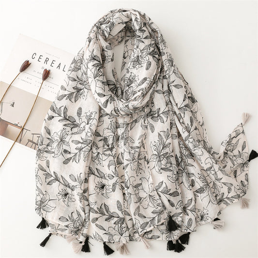 White black floral print long scarf with tassels