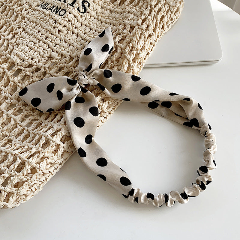 Polka dots satin elastic headband with wired bow