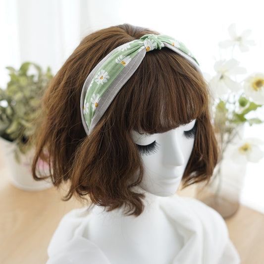Daisy flowers mixed stripped grey knotted headband