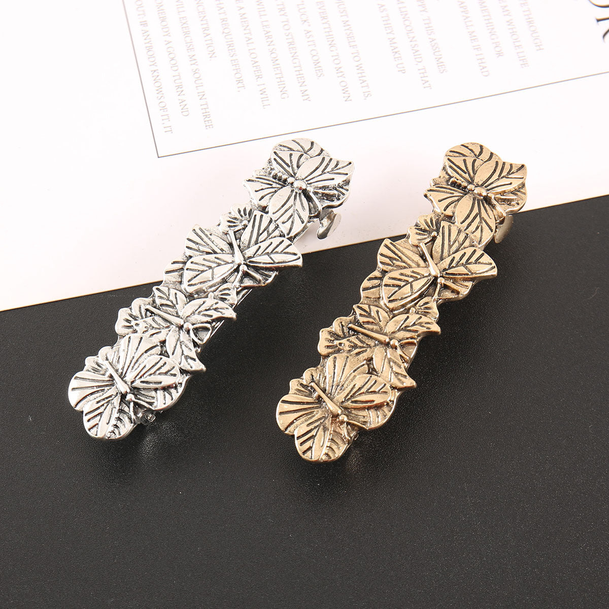 Antique metallic butterflies large hair barrette